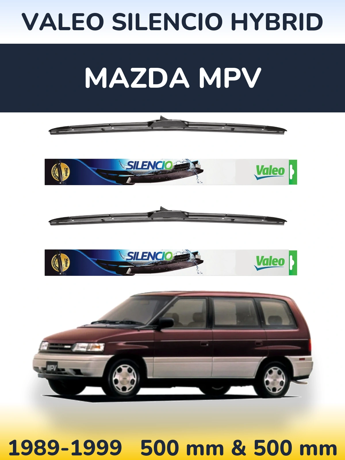 Komplet przednich wycieraczek Valeo Silencio Hybrid 500 & 500 mm do Mazda MPV 1989-1999