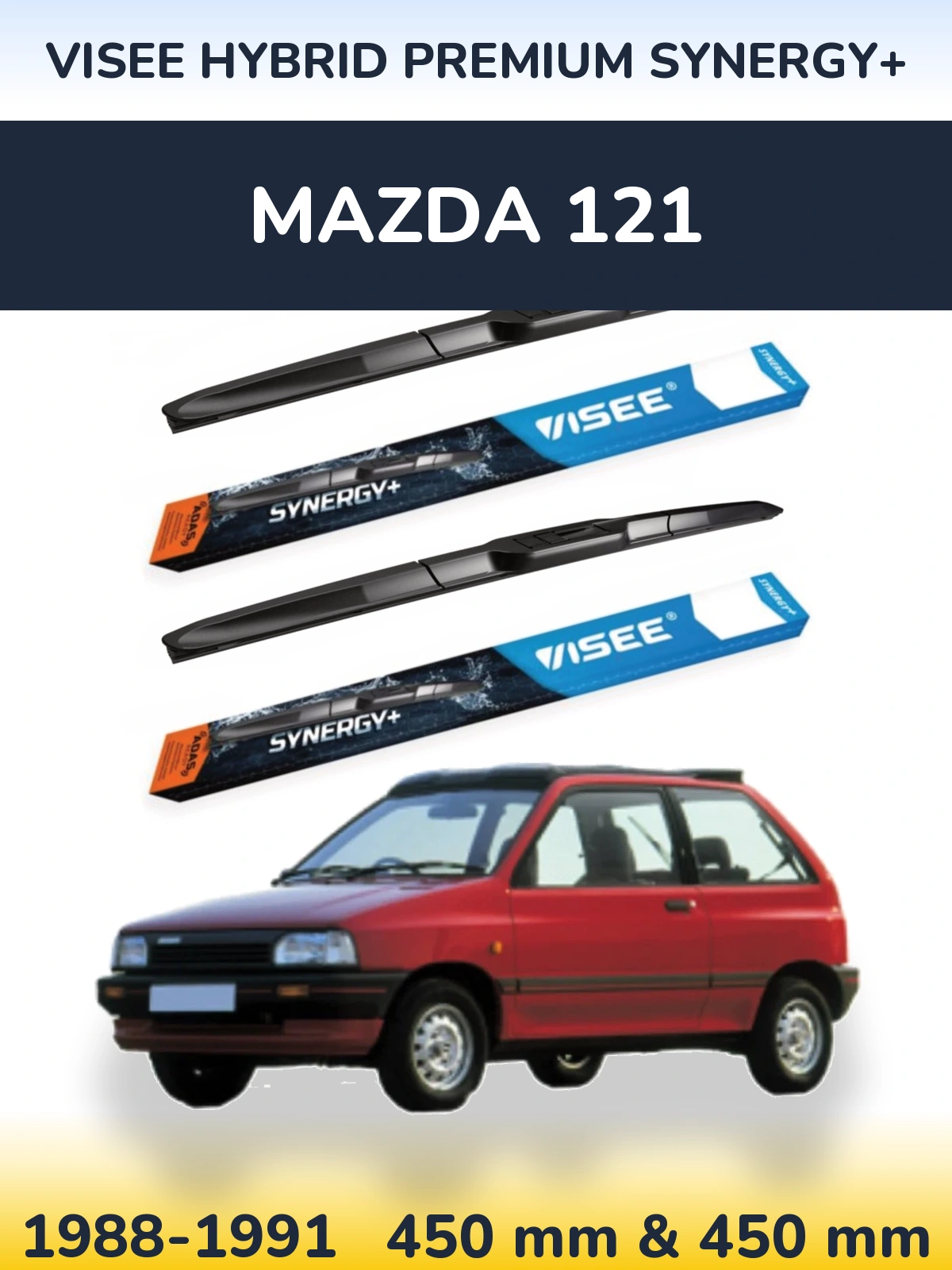 Front wiper blade set VISEE HYBRID PREMIUM SYNERGY+ 450 & 450 mm for Mazda 121 1988-1991