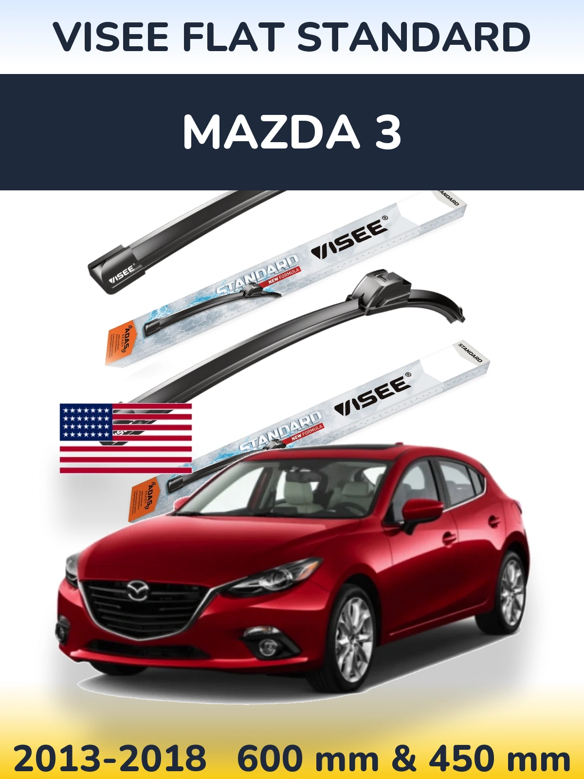 Komplet przednich wycieraczek VISEE FLAT STANDARD 600 & 450 mm do Mazda 3 2013-2018