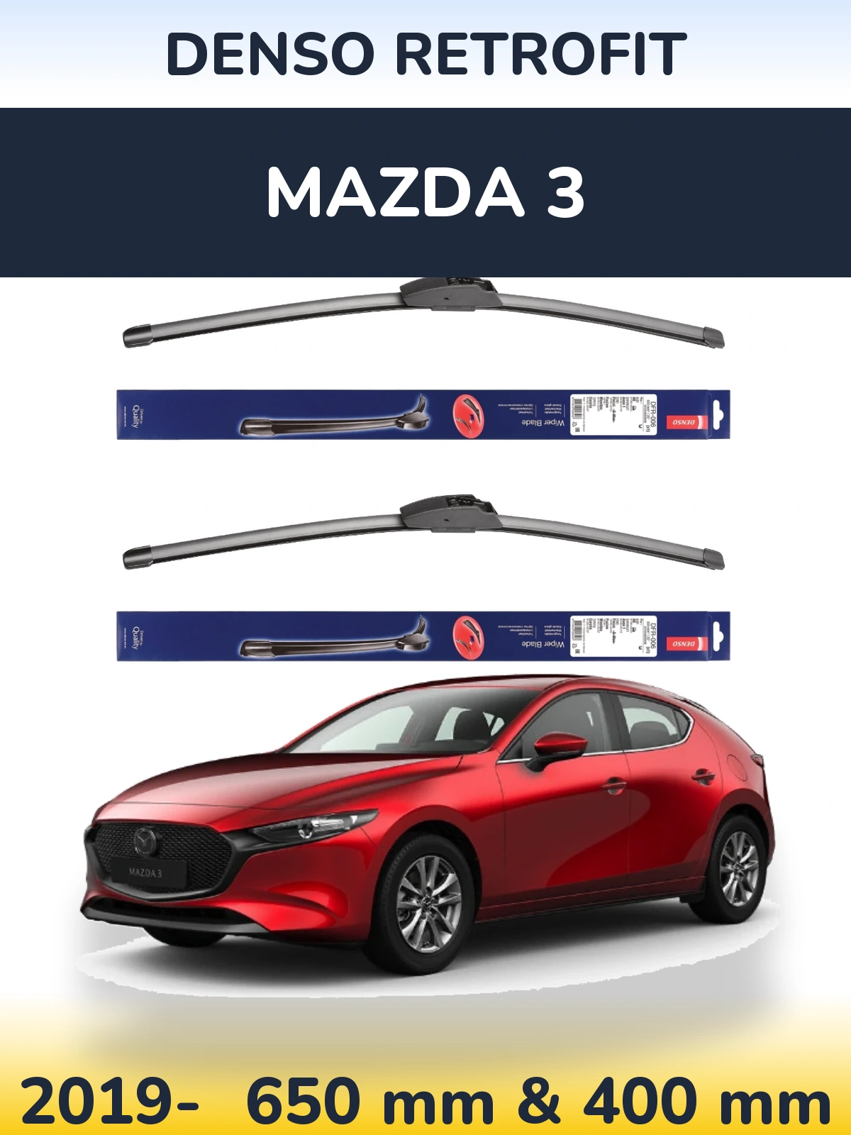 Komplet przednich wycieraczek Denso Retrofit 650 & 400 mm do Mazda 3 2019-2026
