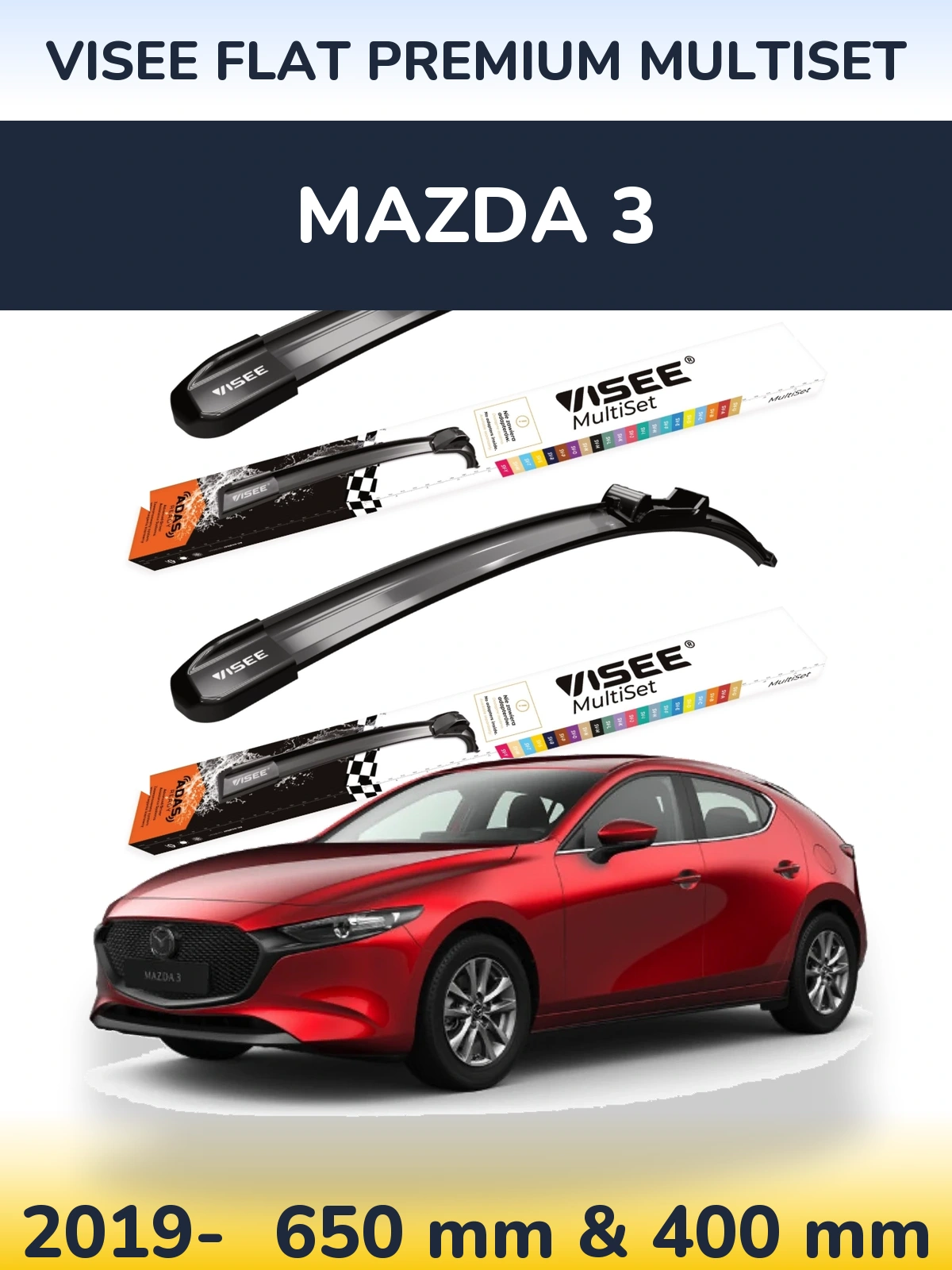 Комплект передних дворников VISEE FLAT PREMIUM MultiSet 650 & 400 мм для Mazda 3 2019-2026