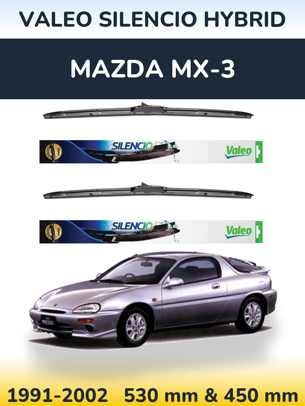 Komplet przednich wycieraczek Valeo Silencio Hybrid 530 & 450 mm do Mazda MX-3 1991-2002