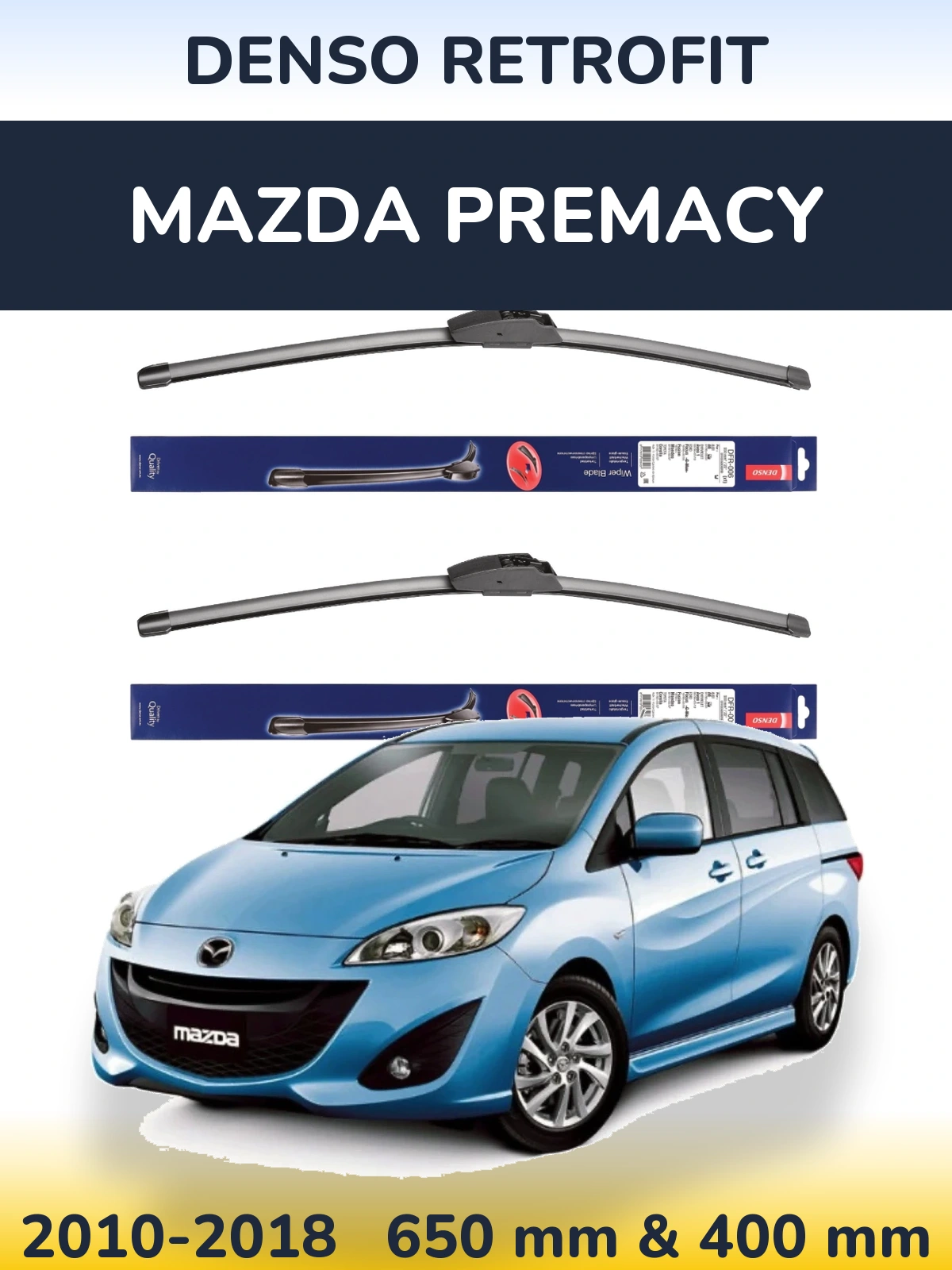 Front wiper blade set Denso Retrofit 650 & 400 mm for Mazda Premacy 2010-2018