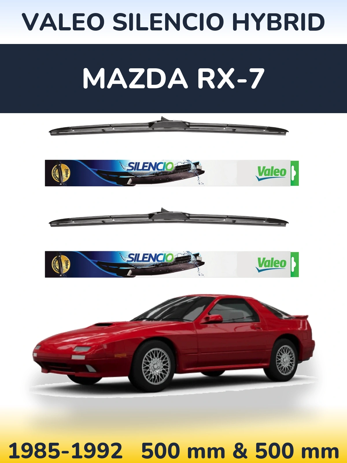 Komplet przednich wycieraczek Valeo Silencio Hybrid 500 & 500 mm do Mazda RX-7 1985-1992