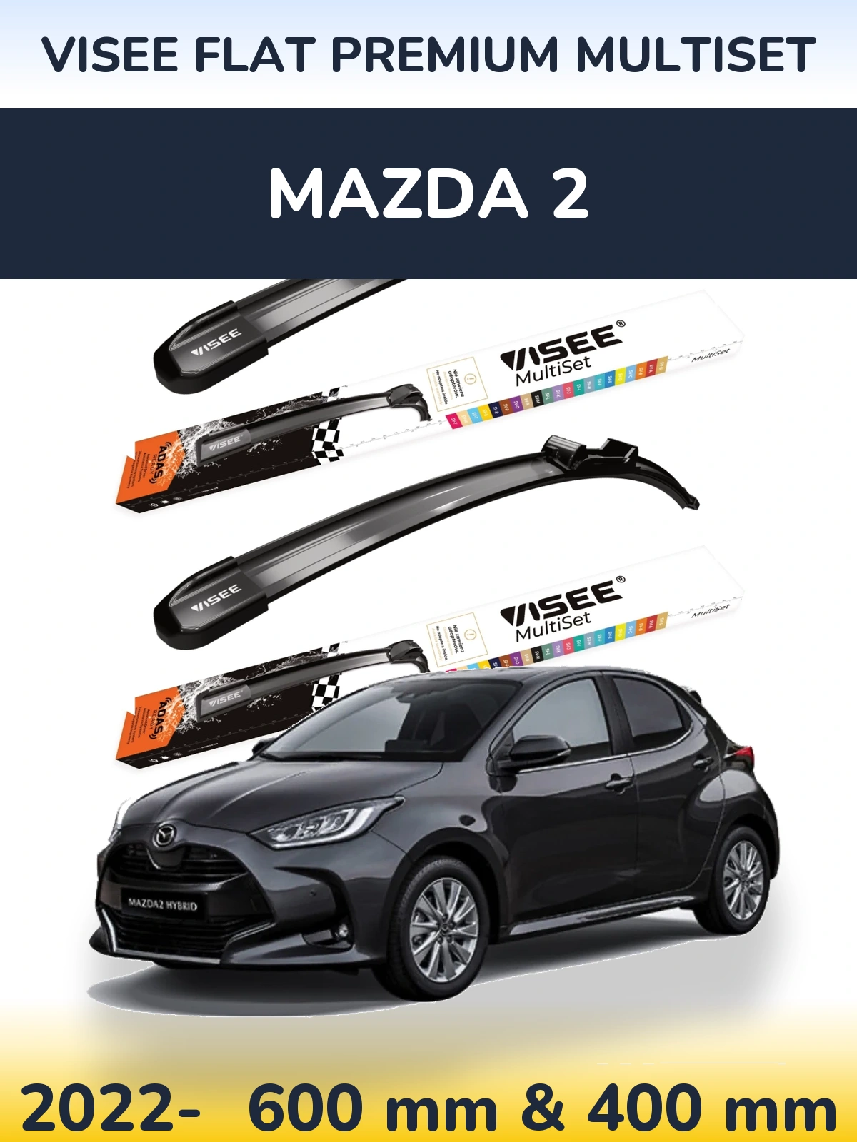 Комплект передних дворников VISEE FLAT PREMIUM MultiSet 600 & 400 мм для Mazda 2 2022-2026