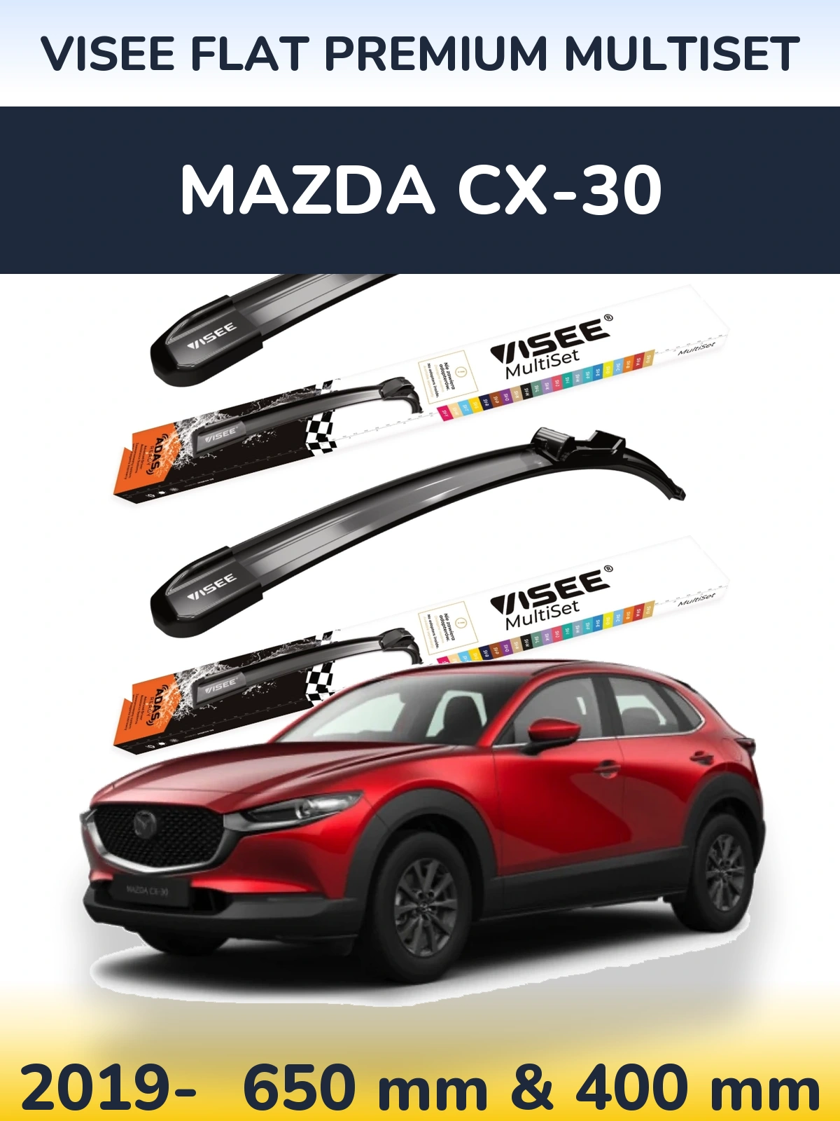 Komplet przednich wycieraczek VISEE FLAT PREMIUM MultiSet 650 & 400 mm do Mazda CX-30 2019-2026