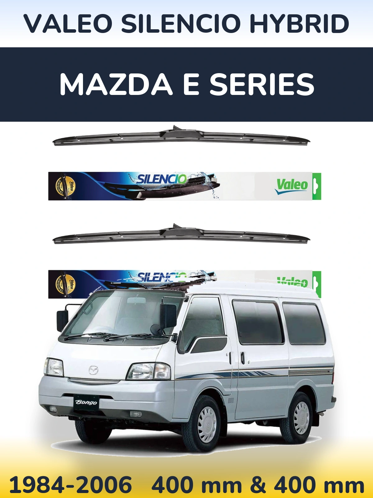 Komplet przednich wycieraczek Valeo Silencio Hybrid 400 & 400 mm do Mazda E Series 1984-2006