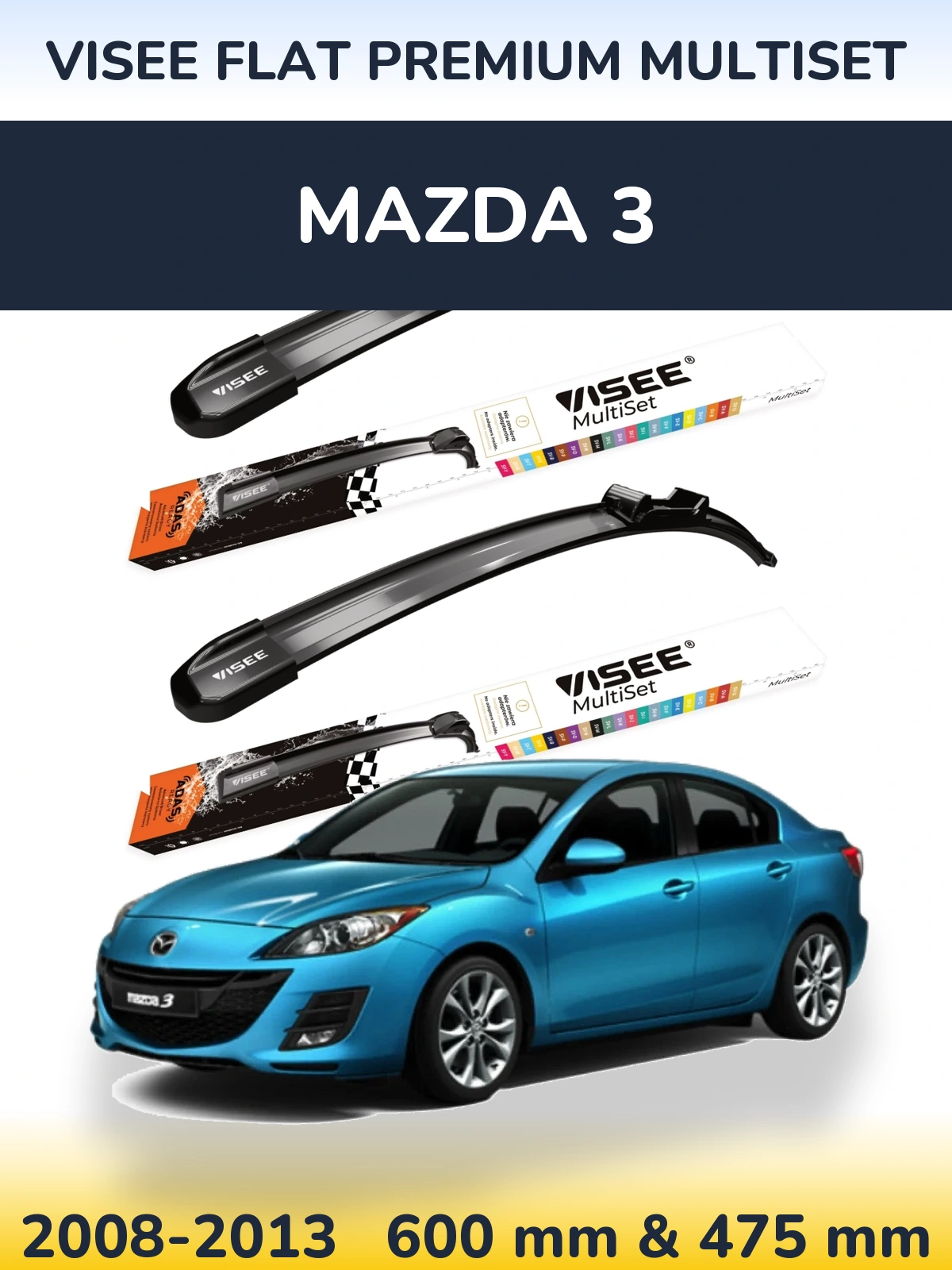 Комплект передних дворников VISEE FLAT PREMIUM MultiSet 600 & 475 мм для Mazda 3 2008-2013