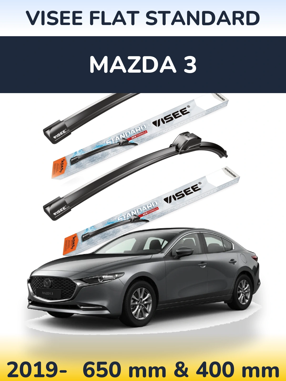 Komplet przednich wycieraczek VISEE FLAT STANDARD 650 & 400 mm do Mazda 3 2019-2026
