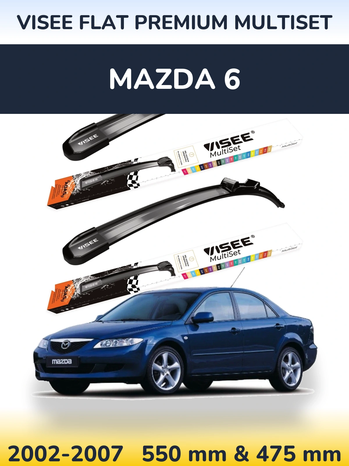 Front wiper blade set VISEE FLAT PREMIUM MultiSet 550 & 475 mm for Mazda 6 2002-2007