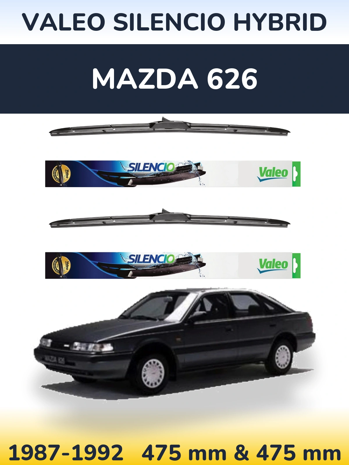Komplet przednich wycieraczek Valeo Silencio Hybrid 475 & 475 mm do Mazda 626 1987-1992
