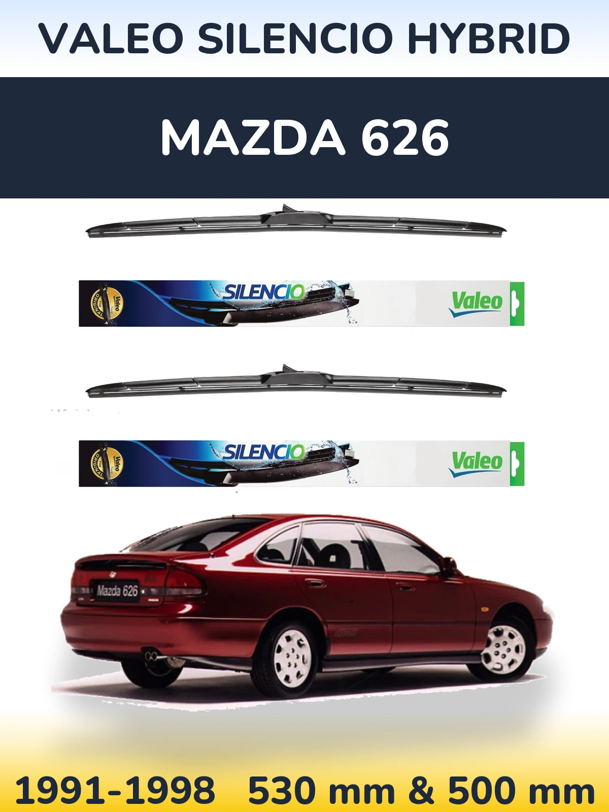 Front wiper blade set Valeo Silencio Hybrid 530 & 500 mm for Mazda 626 1991-1998