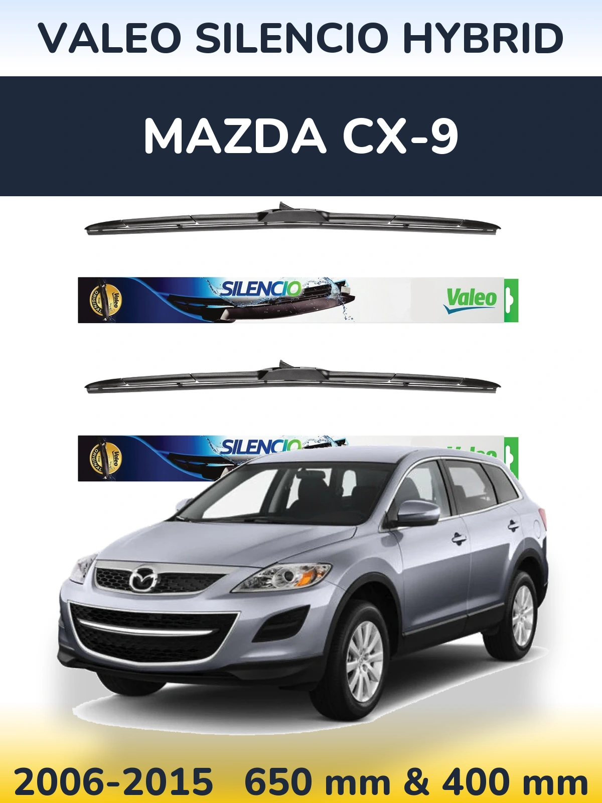 Komplet przednich wycieraczek Valeo Silencio Hybrid 650 & 400 mm do Mazda CX-9 2006-2015