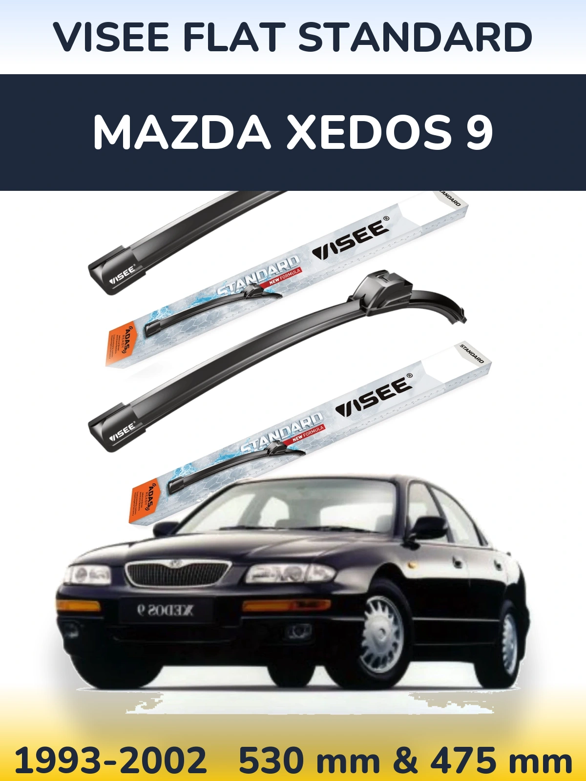 Front wiper blade set VISEE FLAT STANDARD 530 & 475 mm for Mazda Xedos 9 1993-2002