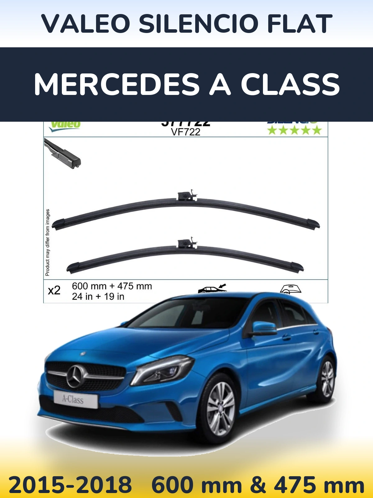 Komplet przednich wycieraczek Valeo Silencio Flat 600 & 475 mm do Mercedes Klasa A 2015-2018