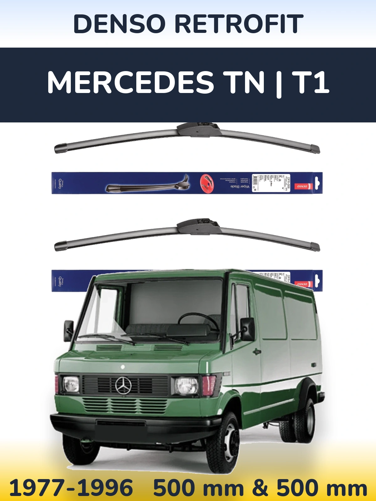 Front wiper blade set Denso Retrofit 500 & 500 mm for Mercedes TN | T1 1977-1996
