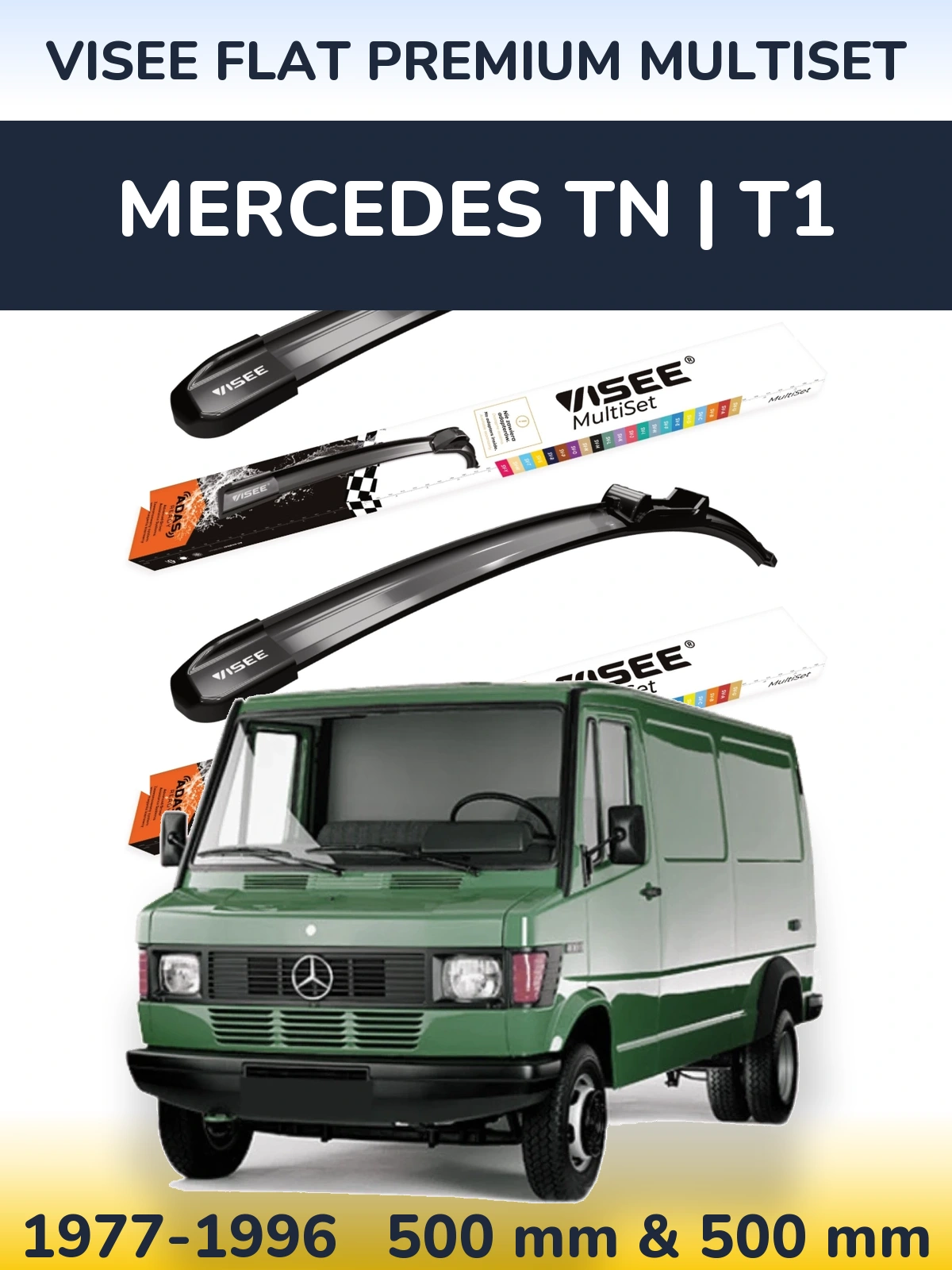 Front wiper blade set VISEE FLAT PREMIUM MultiSet 500 & 500 mm for Mercedes TN | T1 1977-1996