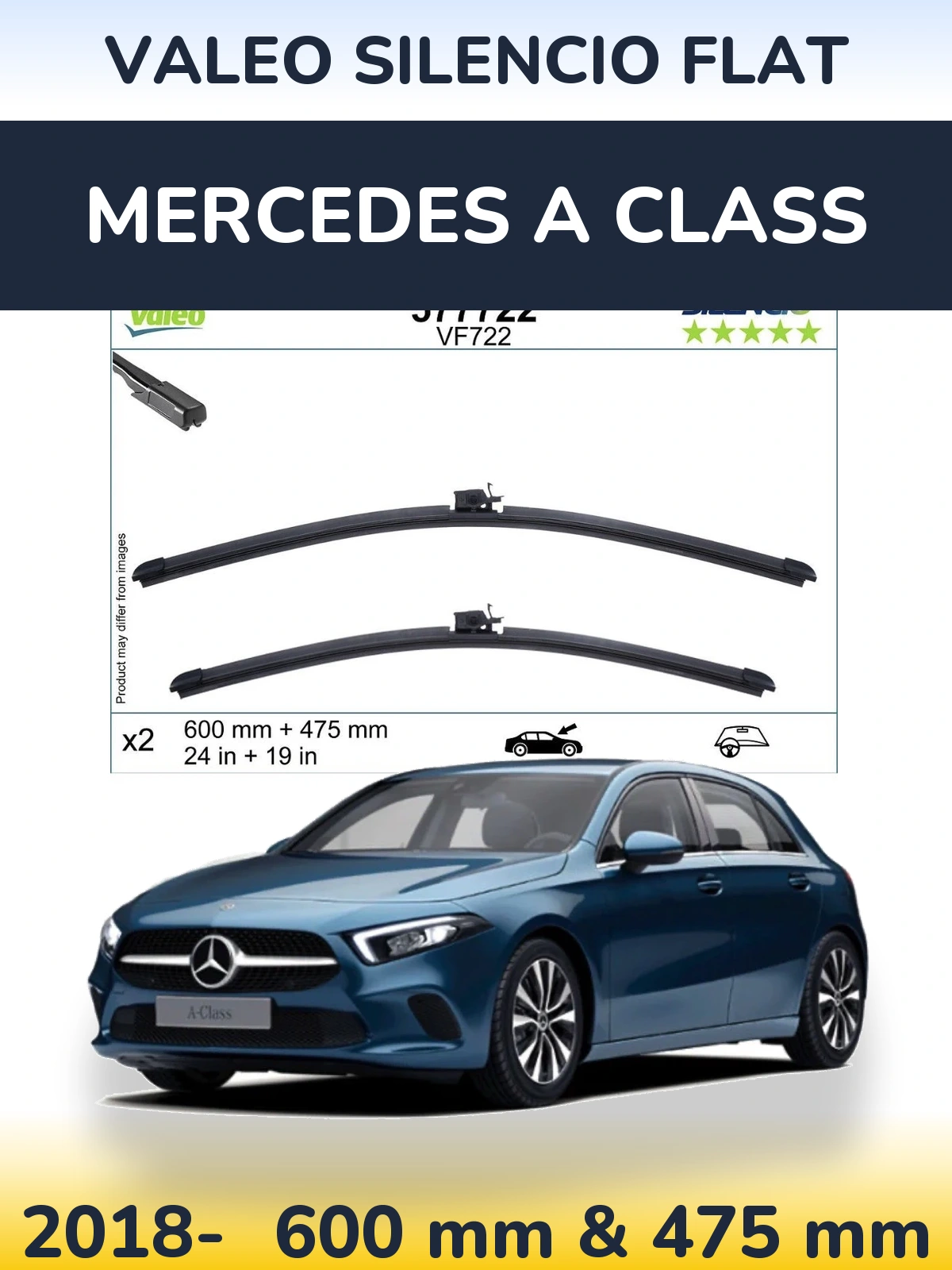 Komplet przednich wycieraczek Valeo Silencio Flat 600 & 475 mm do Mercedes Klasa A 2018-2026