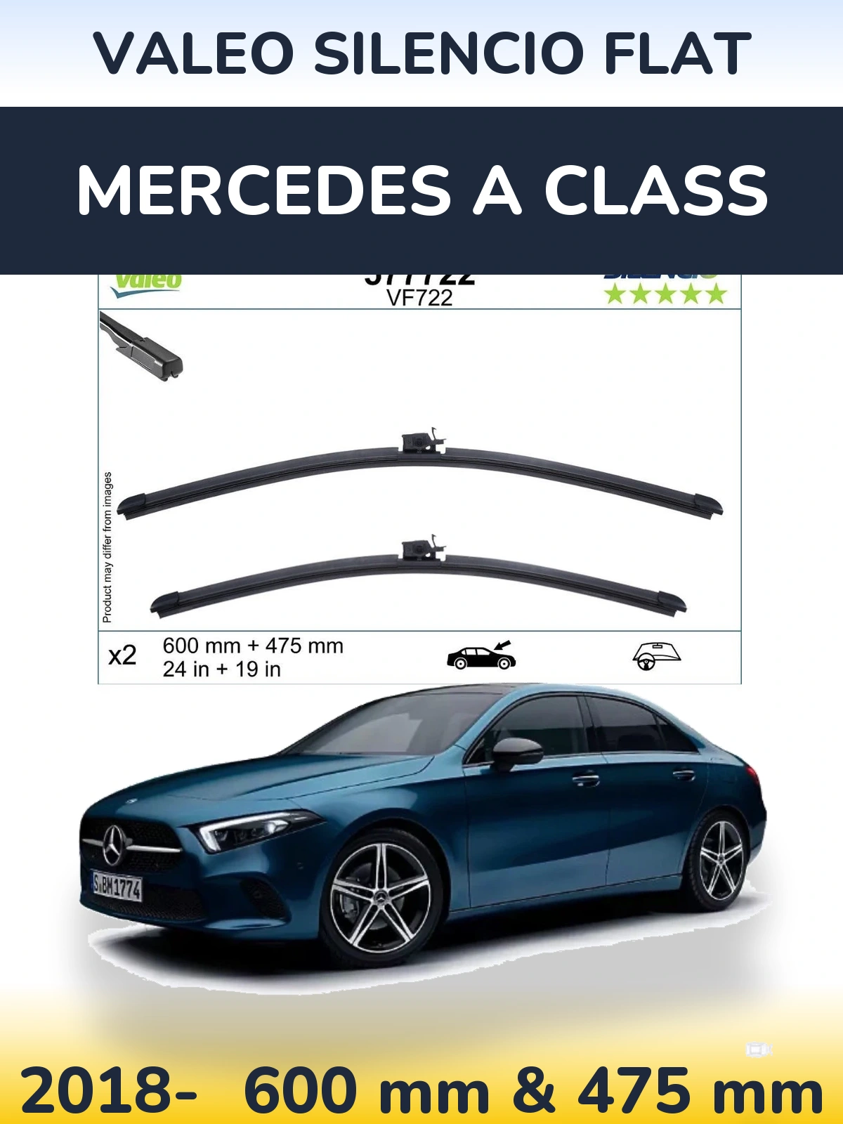 Komplet przednich wycieraczek Valeo Silencio Flat 600 & 475 mm do Mercedes Klasa A 2018-2026