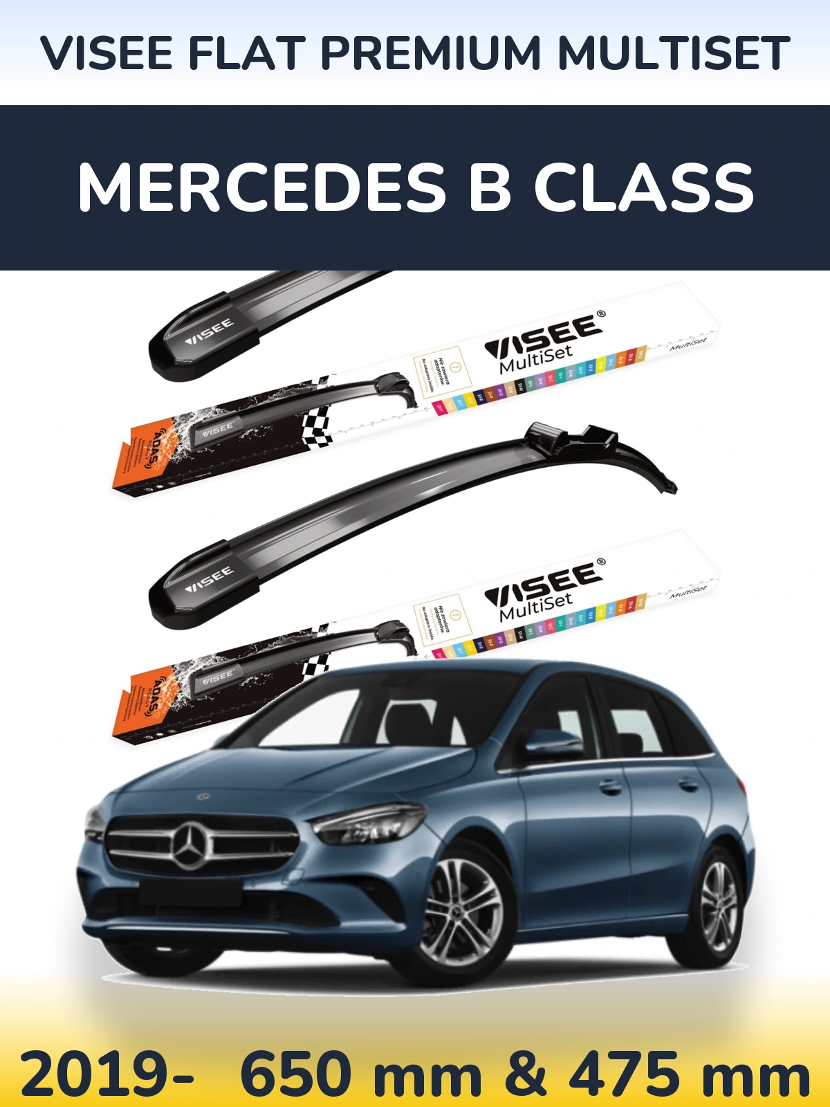 Komplet przednich wycieraczek VISEE FLAT PREMIUM MultiSet 650 & 475 mm do Mercedes Klasa B 2019-2026