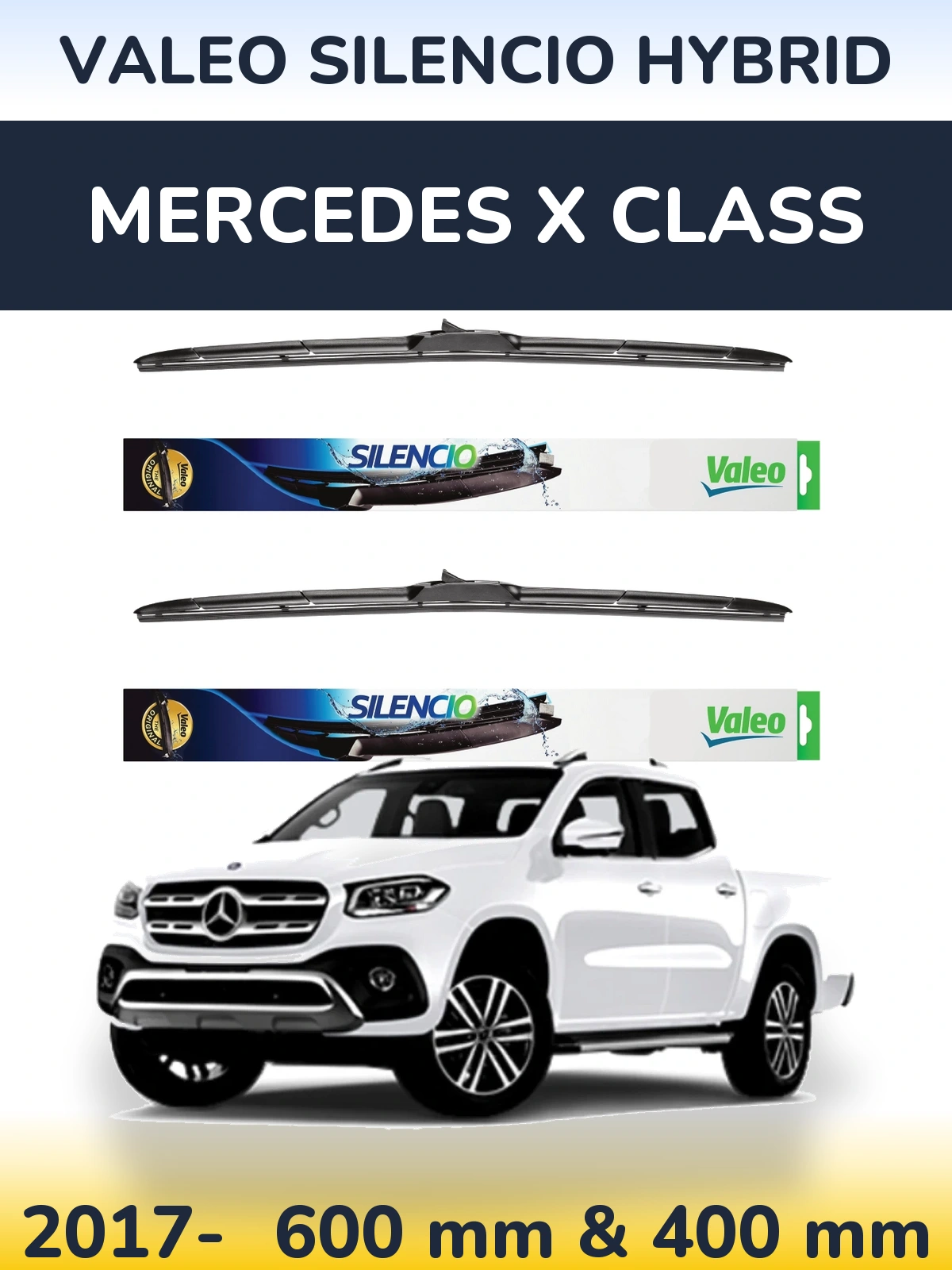 Komplet przednich wycieraczek Valeo Silencio Hybrid 600 & 400 mm do Mercedes Klasa X 2017-2026