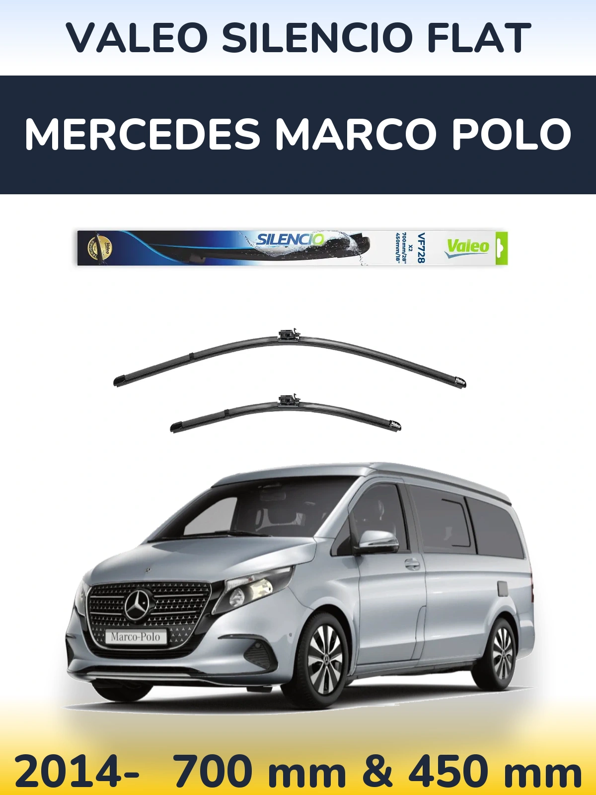 Front wiper blade set Valeo Silencio Flat 700 & 450 mm for Mercedes Marco Polo 2014-2026