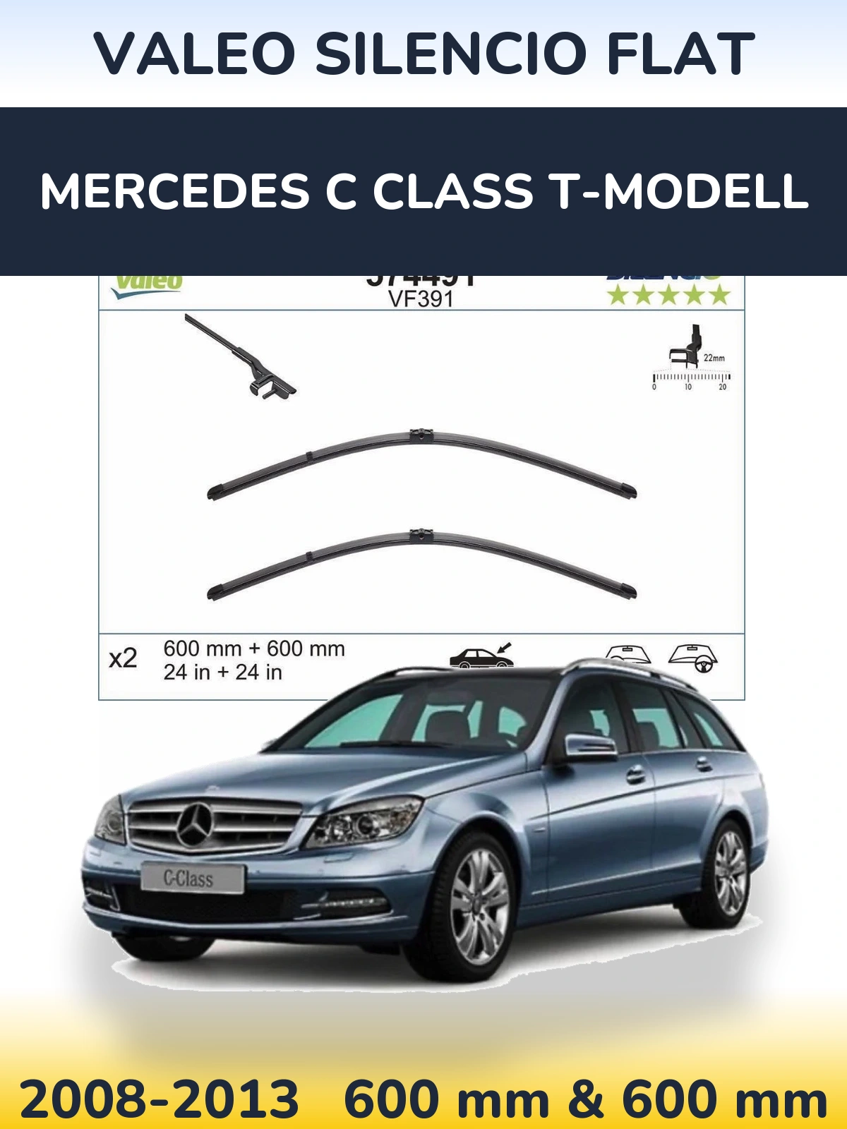 Front wiper blade set Valeo Silencio Flat 600 & 600 mm for Mercedes C Class T-Modell 2008-2013