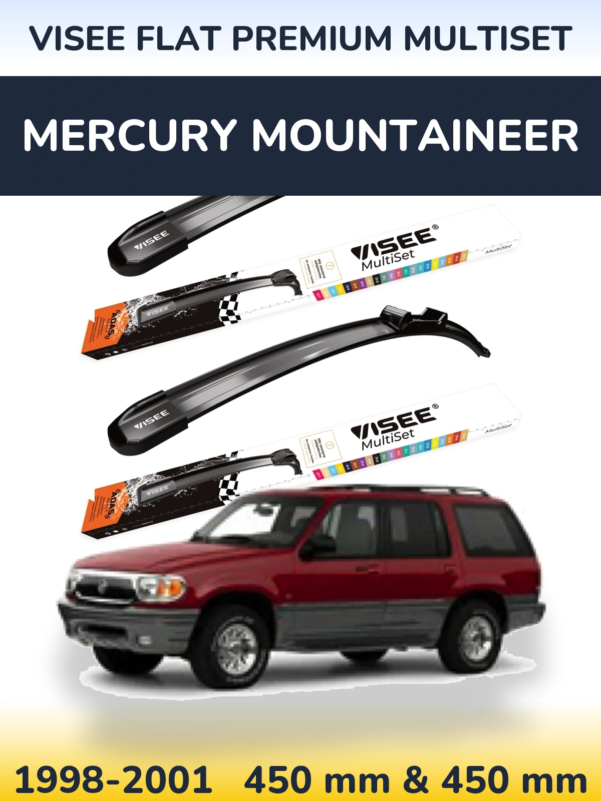 Комплект передних дворников VISEE FLAT PREMIUM MultiSet 450 & 450 мм для Mercury Mountaineer 1998-2001