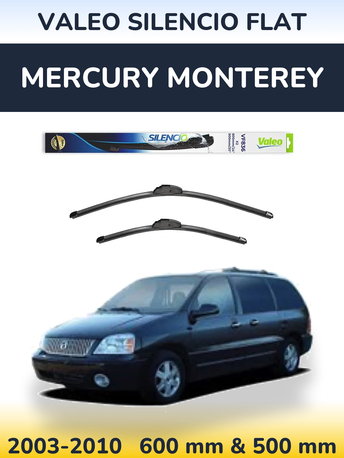 Komplet przednich wycieraczek Valeo Silencio Flat 600 & 500 mm do Mercury Monterey 2003-2010