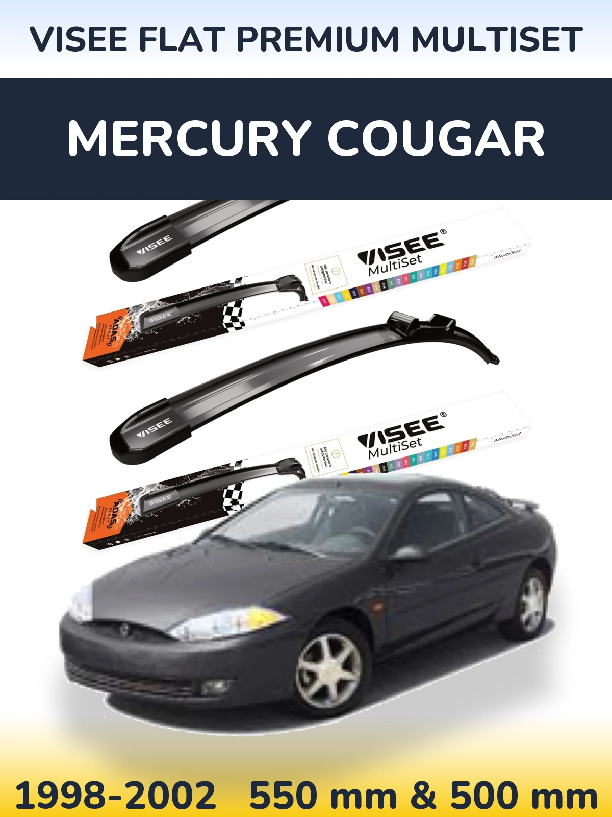 Komplet przednich wycieraczek VISEE FLAT PREMIUM MultiSet 550 & 500 mm do Mercury Cougar 1998-2002
