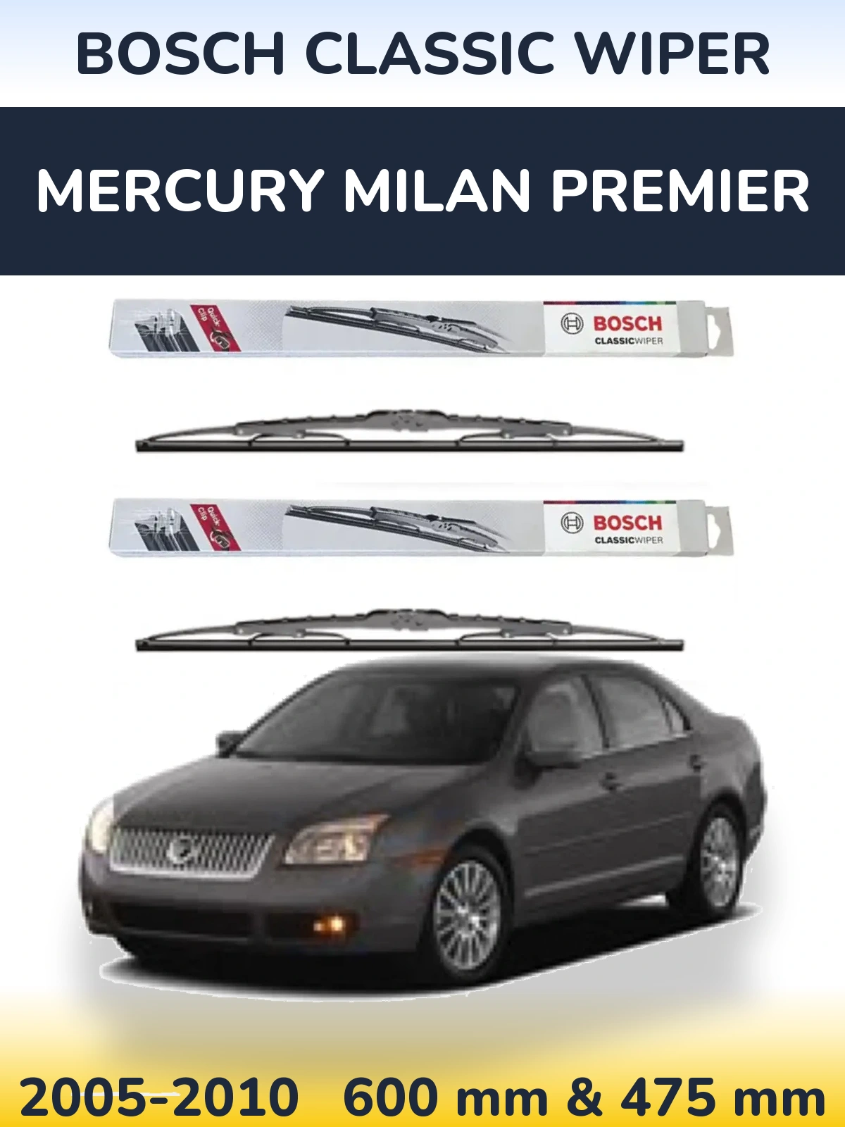 Комплект передних дворников BOSCH Classic Wiper 600 & 475 мм для Mercury Milan Premier 2005-2010