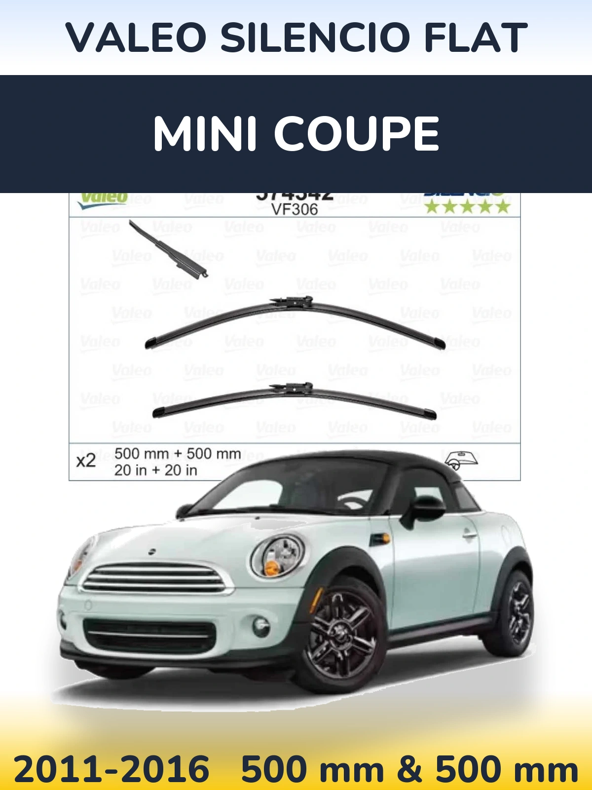 Комплект передних дворников Valeo Silencio Flat 500 & 500 мм для MINI Coupe 2011-2016
