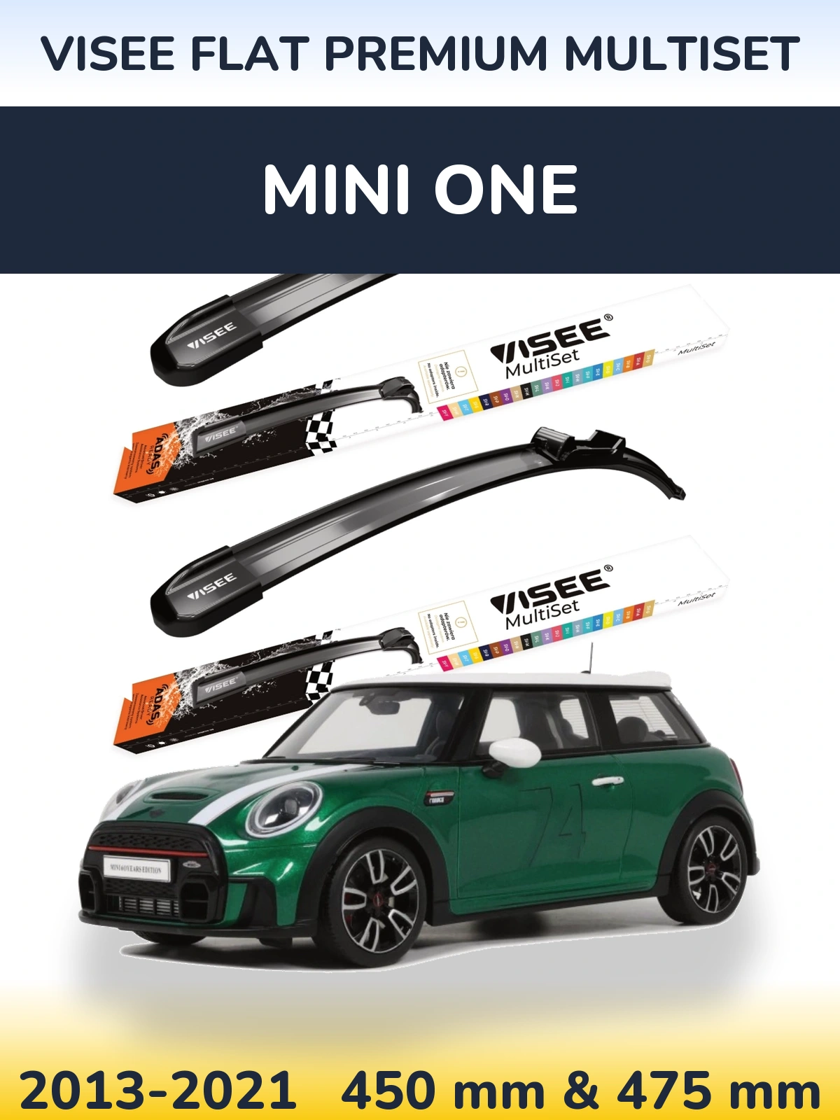 Front wiper blade set VISEE FLAT PREMIUM MultiSet 450 & 475 mm for MINI One 2013-2021