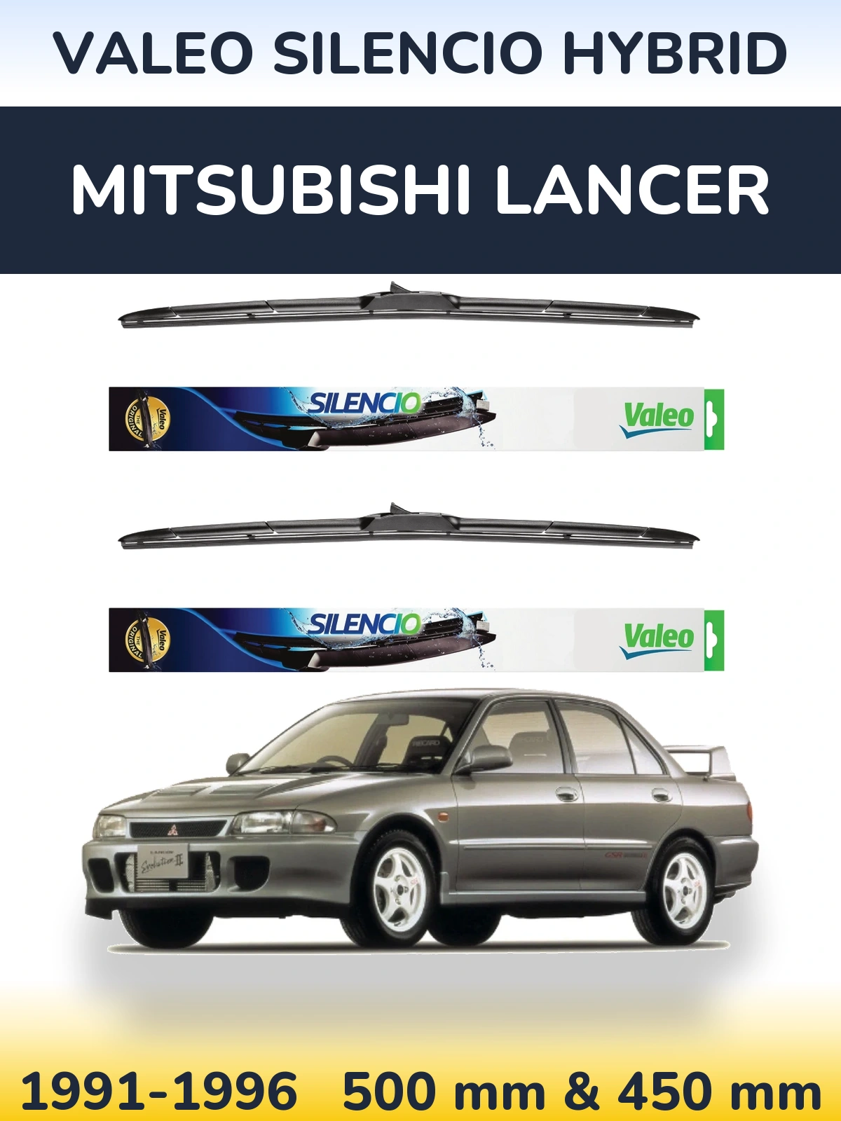 Komplet przednich wycieraczek Valeo Silencio Hybrid 500 & 450 mm do Mitsubishi Lancer 1991-1996