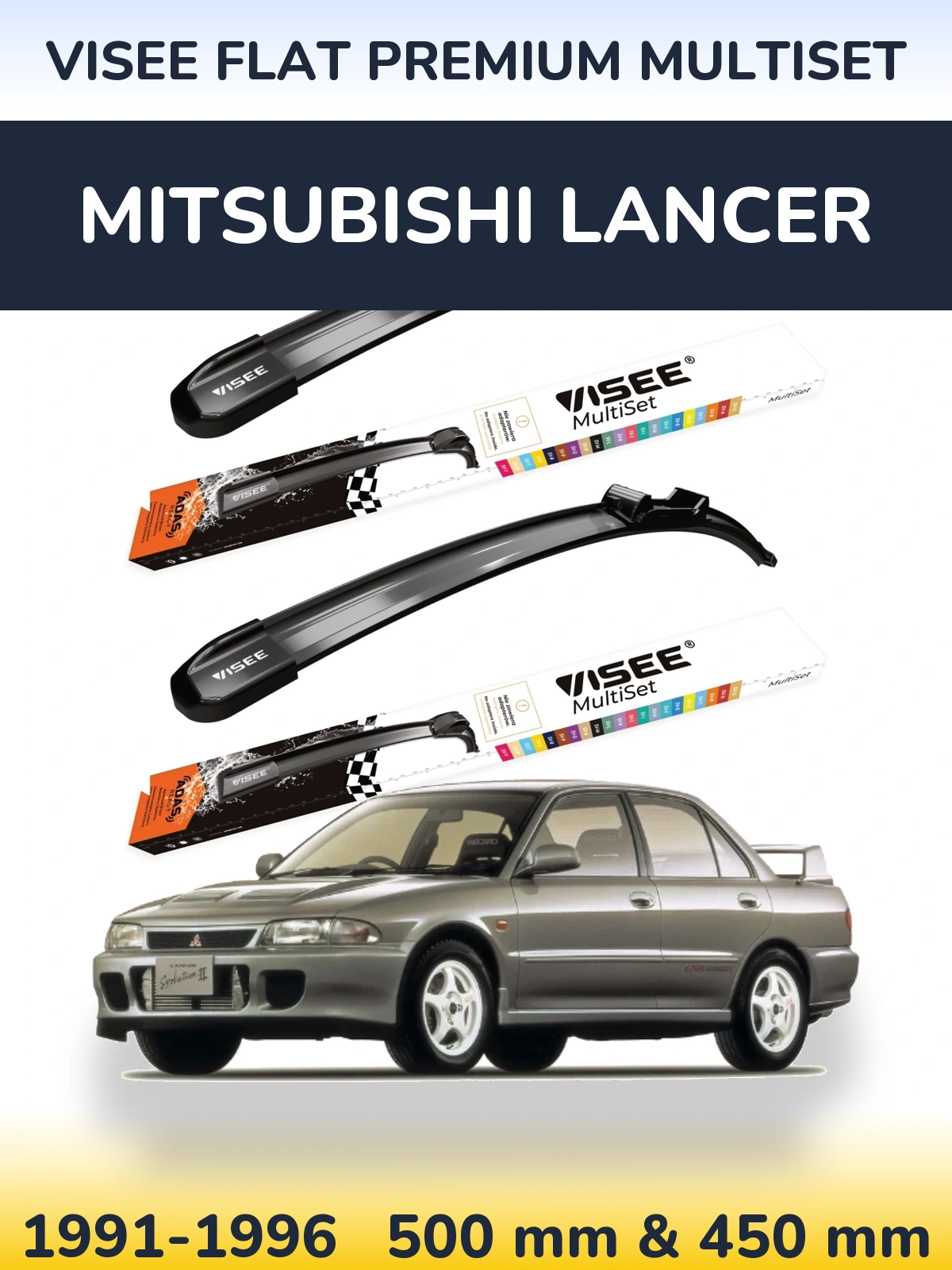 Komplet przednich wycieraczek VISEE FLAT PREMIUM MultiSet 500 & 450 mm do Mitsubishi Lancer 1991-1996