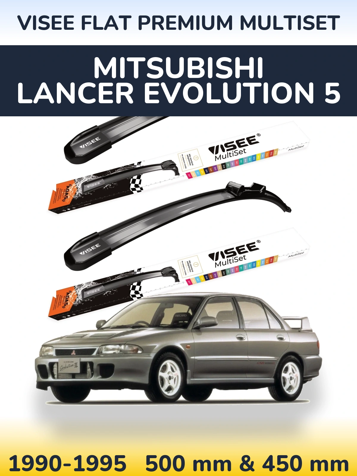 Front wiper blade set VISEE FLAT PREMIUM MultiSet 500 & 450 mm for Mitsubishi Lancer Evolution 5 1990-1995