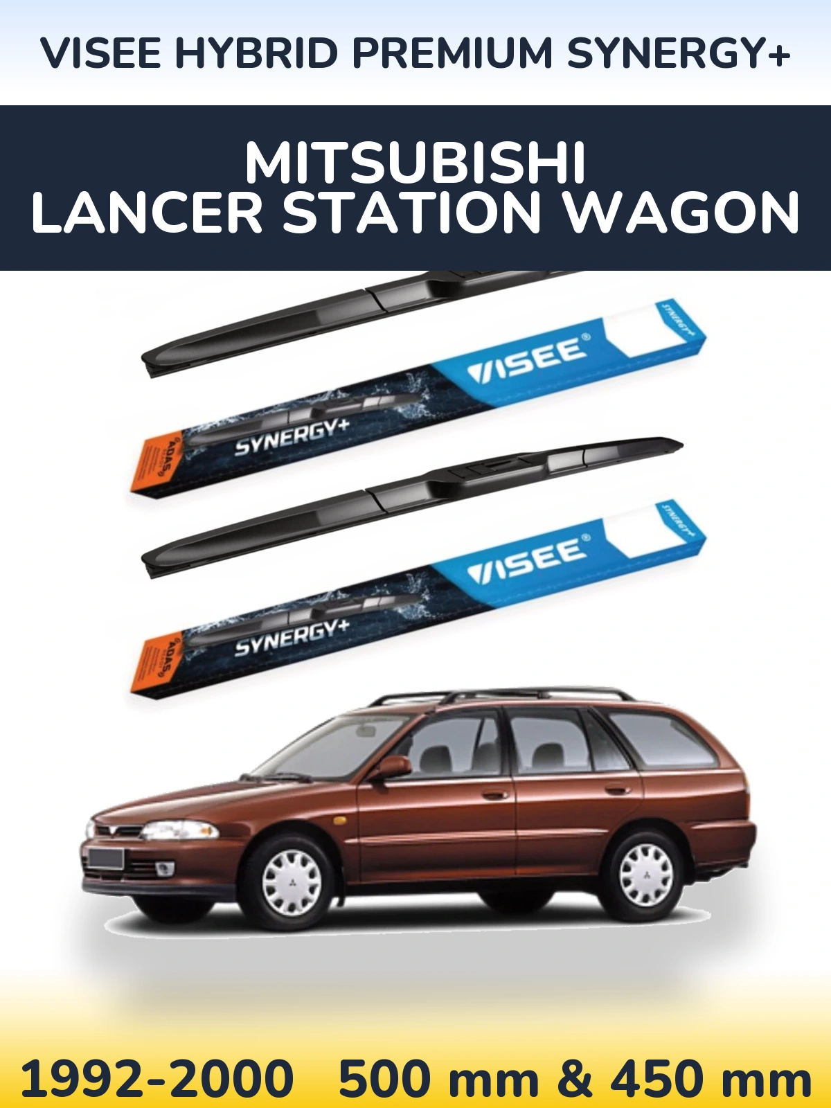 Front wiper blade set VISEE HYBRID PREMIUM SYNERGY+ 500 & 450 mm for Mitsubishi Lancer Station Wagon 1992-2000
