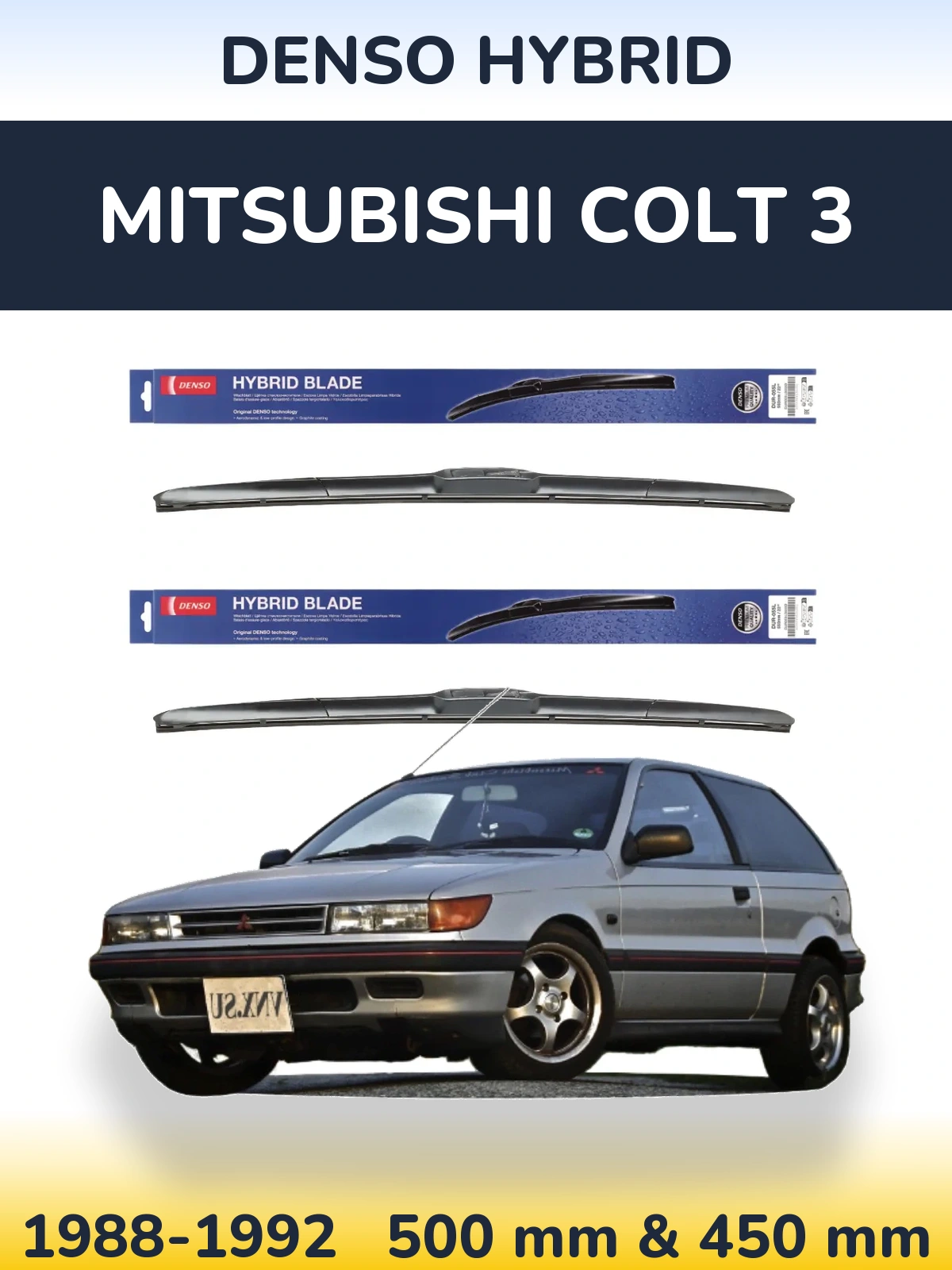 Komplet przednich wycieraczek Denso Hybrid 500 & 450 mm do Mitsubishi Colt 3 1988-1992