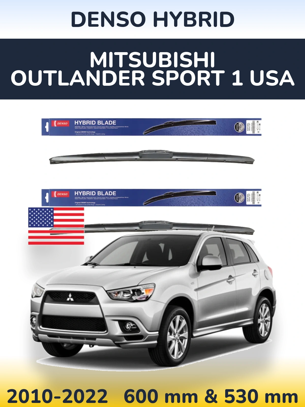 Front wiper blade set Denso Hybrid 600 & 530 mm for Mitsubishi Outlander Sport 1 USA 2010-2022