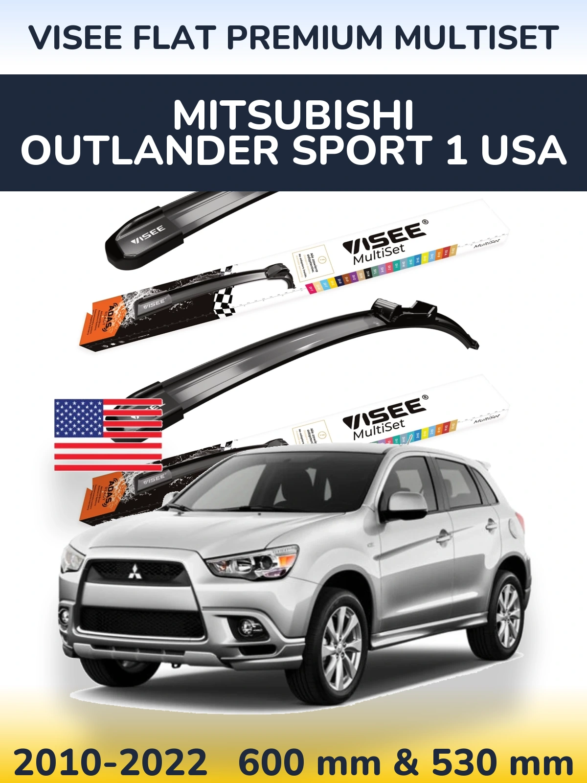 Komplet przednich wycieraczek VISEE FLAT PREMIUM MultiSet 600 & 530 mm do Mitsubishi Outlander Sport 1 USA 2010-2022