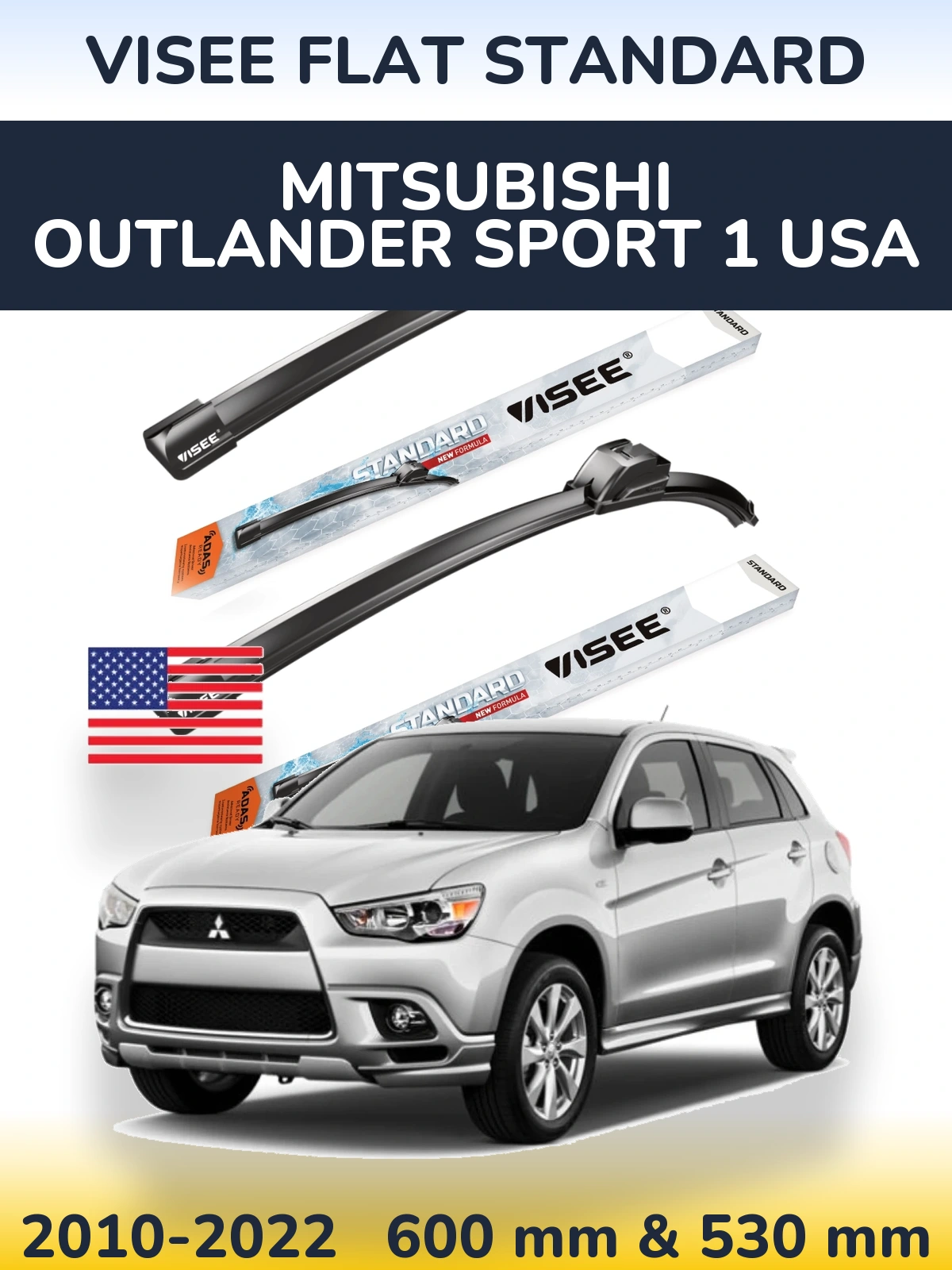 Komplet przednich wycieraczek VISEE FLAT STANDARD 600 & 530 mm do Mitsubishi Outlander Sport 1 USA 2010-2022
