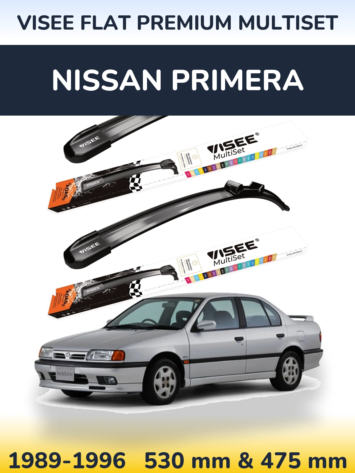 Komplet przednich wycieraczek VISEE FLAT PREMIUM MultiSet 530 & 475 mm do Nissan Primera 1989-1996
