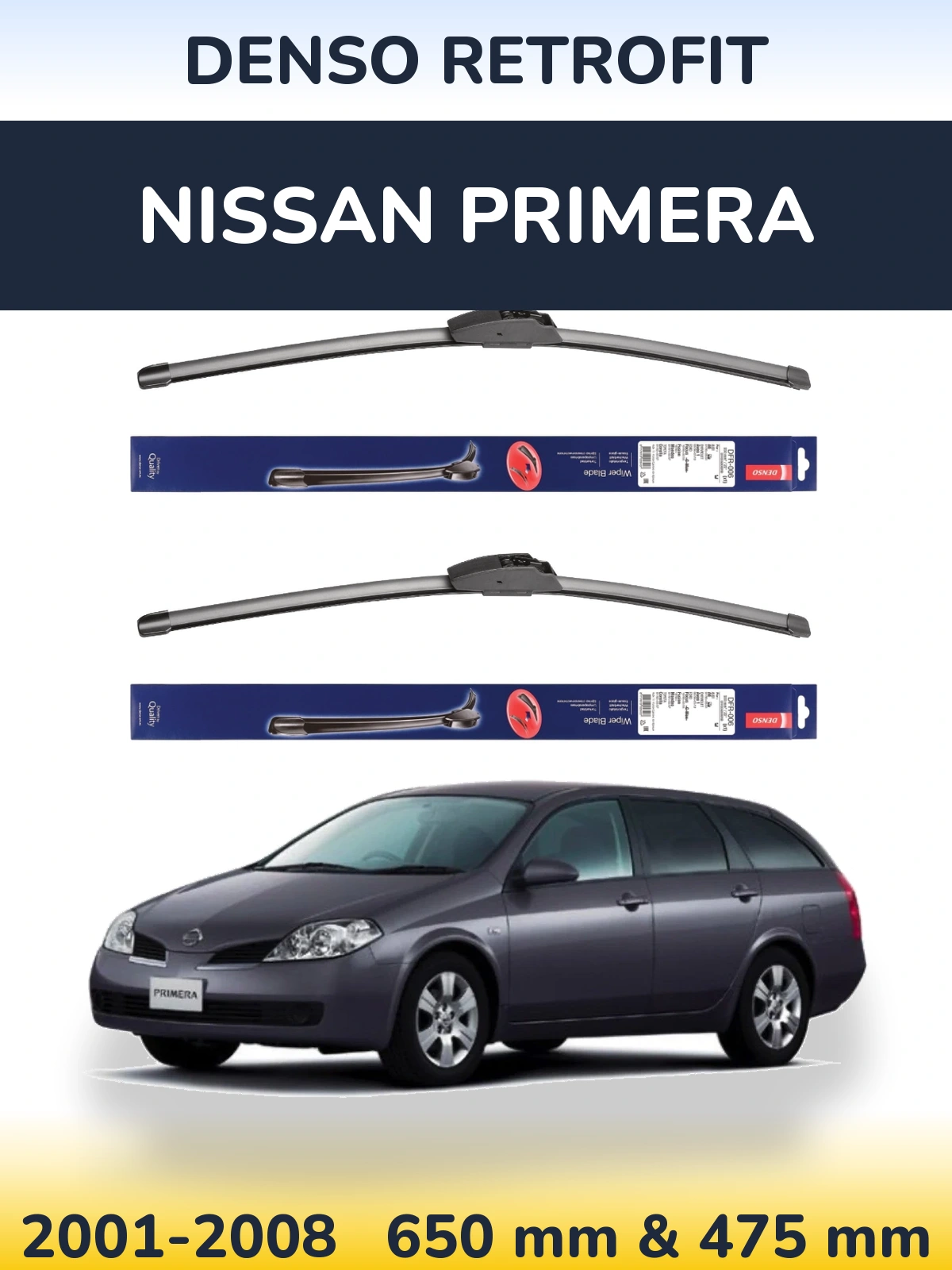 Komplet przednich wycieraczek Denso Retrofit 650 & 475 mm do Nissan Primera 2001-2008