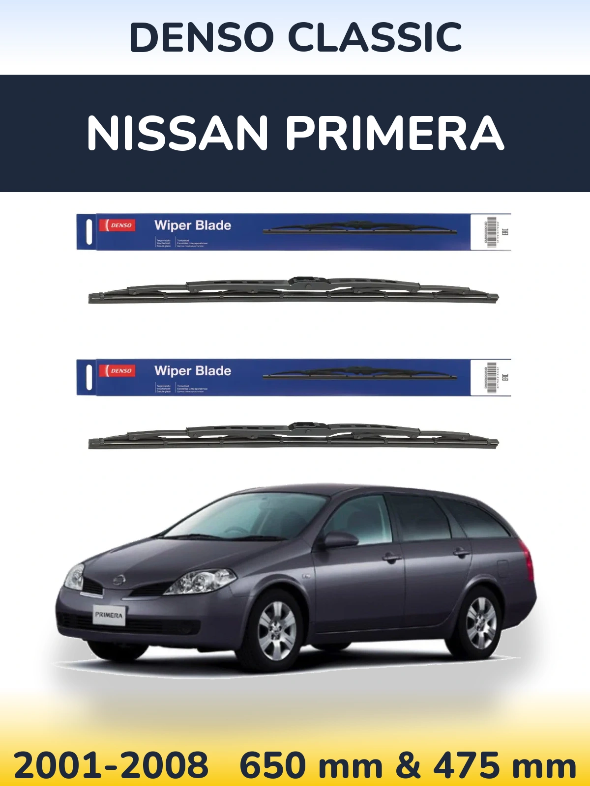 Komplet przednich wycieraczek Denso Classic 650 & 475 mm do Nissan Primera 2001-2008
