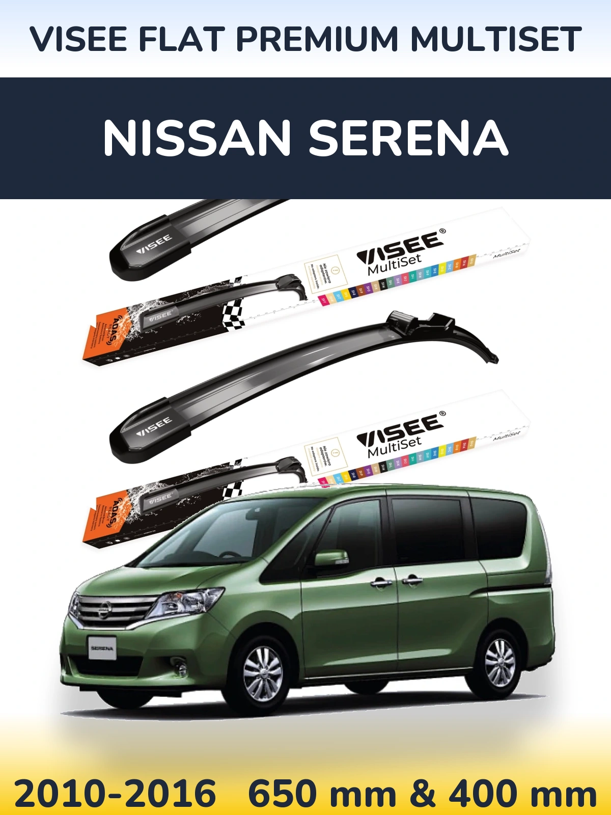 Komplet przednich wycieraczek VISEE FLAT PREMIUM MultiSet 650 & 400 mm do Nissan Serena 2010-2016