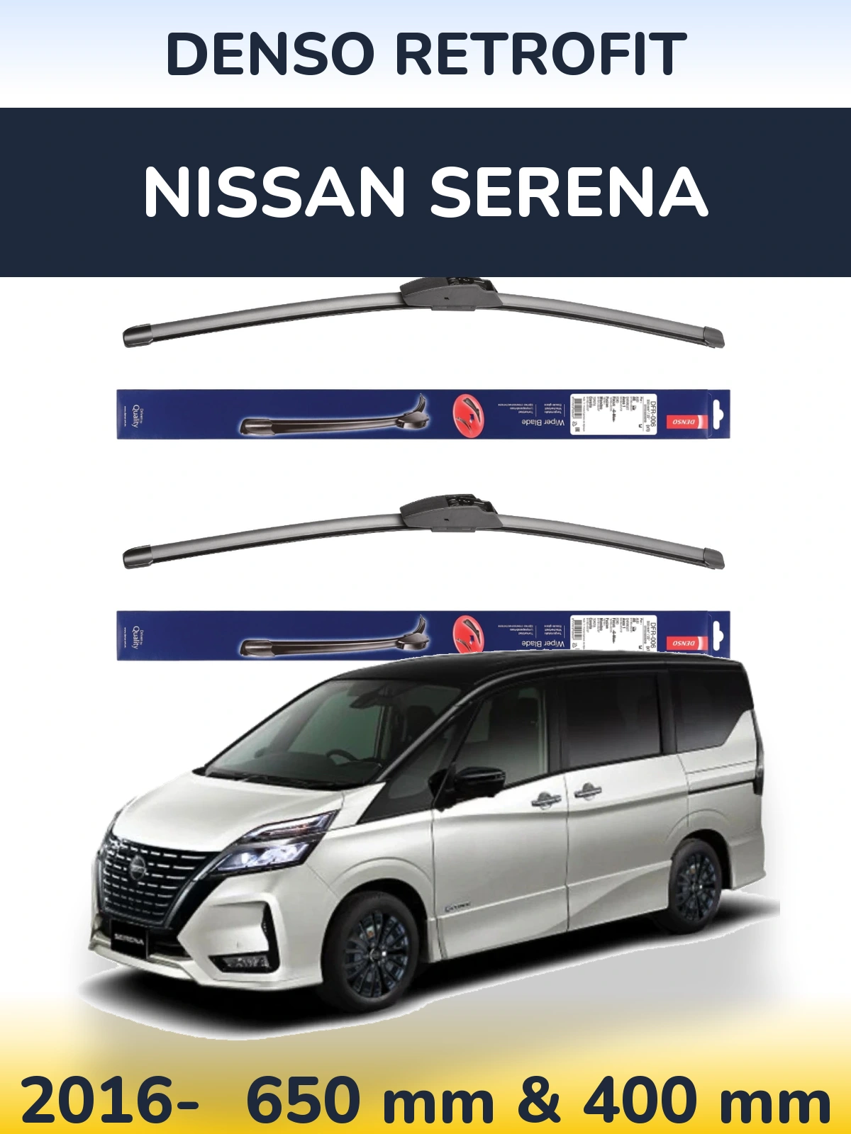 Komplet przednich wycieraczek Denso Retrofit 650 & 400 mm do Nissan Serena 2016-2026