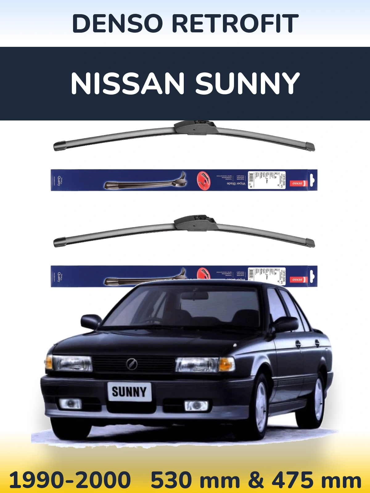 Front wiper blade set Denso Retrofit 530 & 475 mm for Nissan Sunny 1990-2000