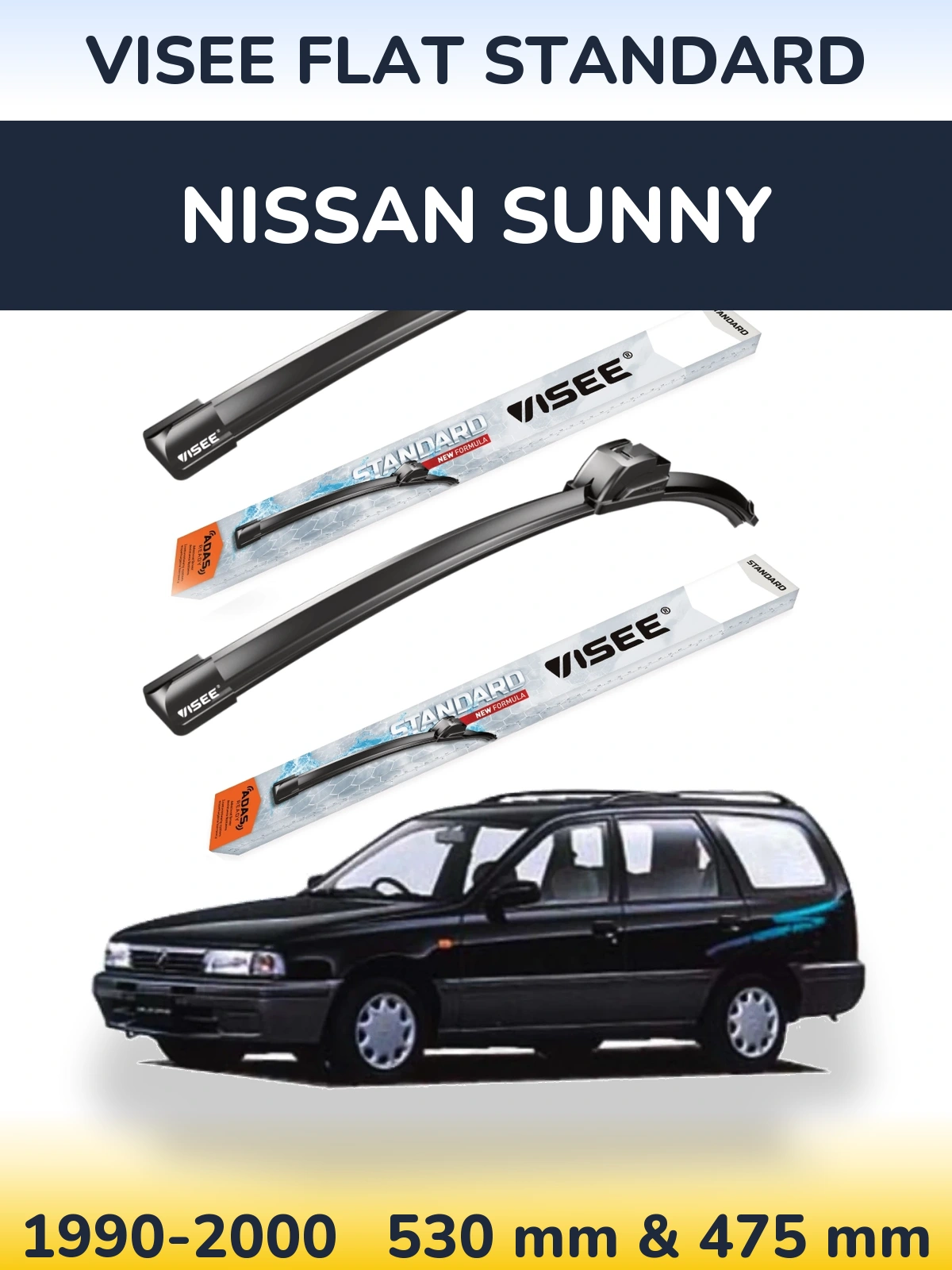 Komplet przednich wycieraczek VISEE FLAT STANDARD 530 & 475 mm do Nissan Sunny 1990-2000