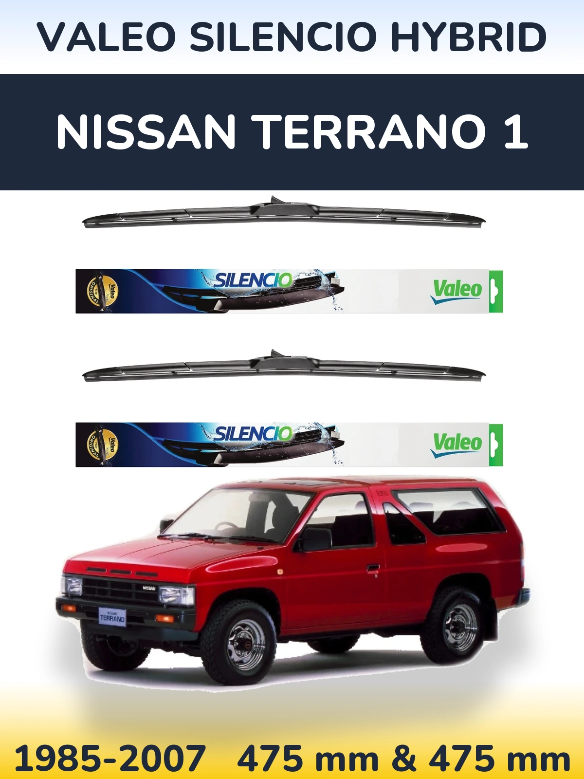 Komplet przednich wycieraczek Valeo Silencio Hybrid 475 & 475 mm do Nissan Terrano 1 1985-2007