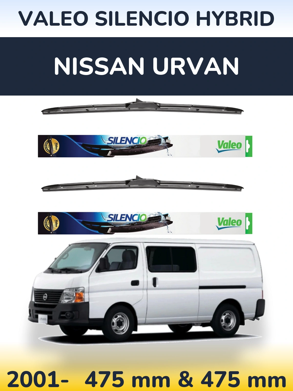 Комплект передних дворников Valeo Silencio Hybrid 475 & 475 мм для Nissan Urvan 2001-2026